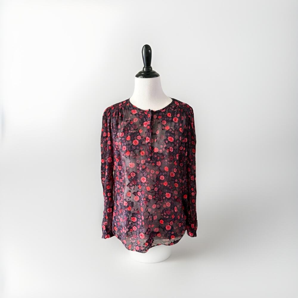Rebecca Taylor Silk Cotton Sheer Floral Blouse 0 XS Navy Red Long Sleeve Top